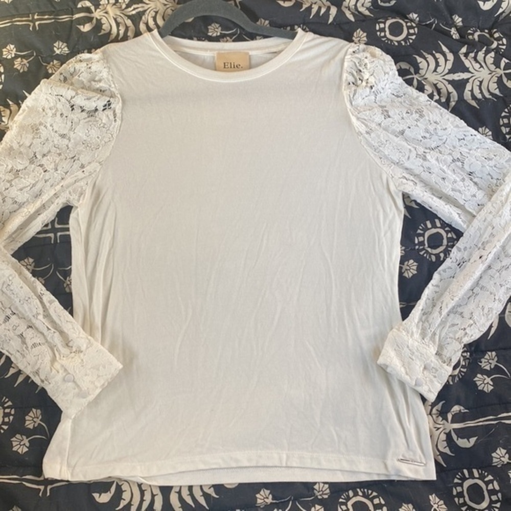 Elie Tahari Hamani Knit Lace Sleeve Crewneck Top​ - Picture 4 of 7